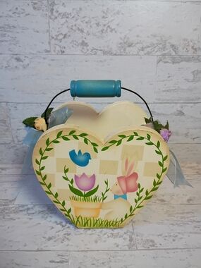 Vintage Heart-Shaped Basket with Bunny & Blue Bird - Cream, Turquoise, Pastel